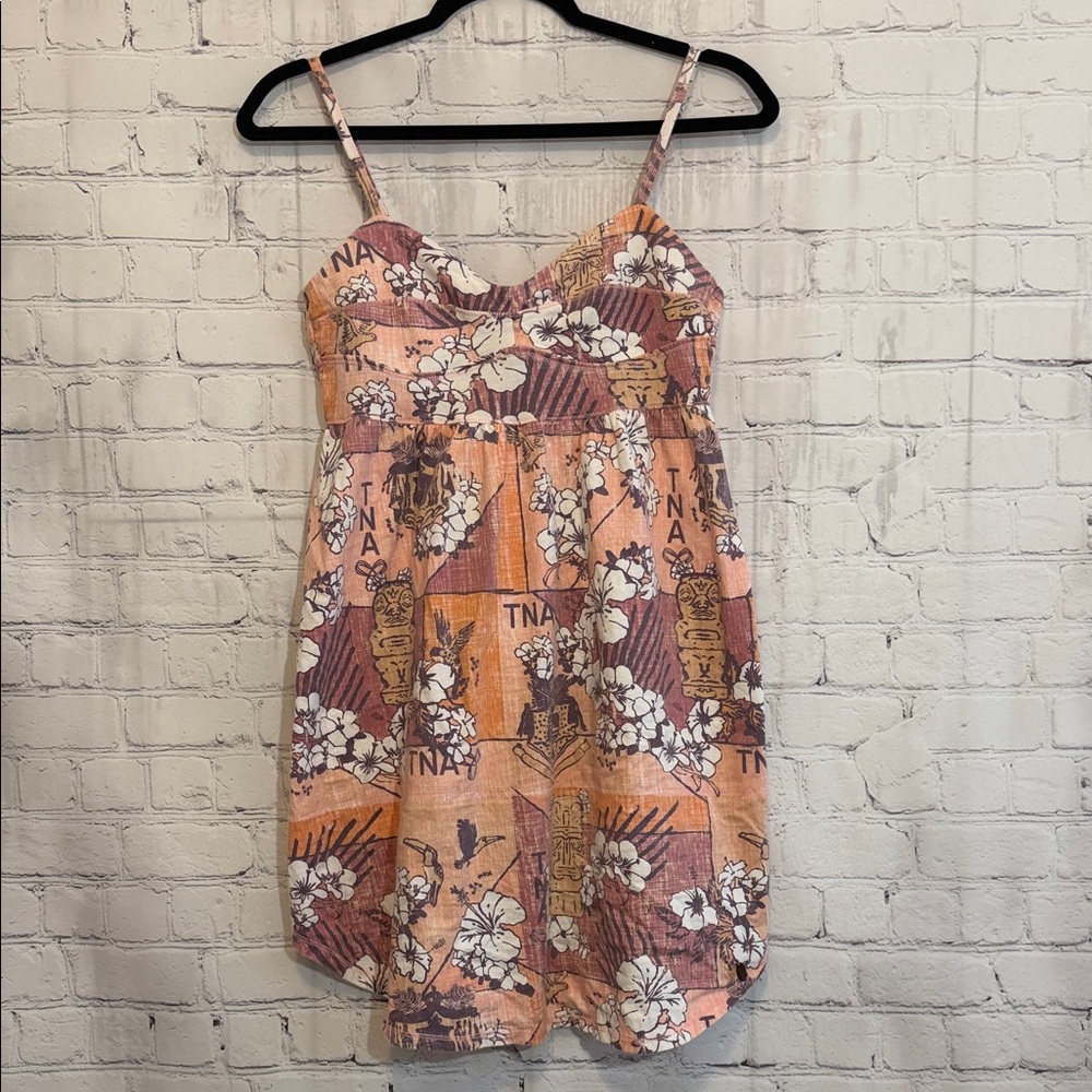 TNA Floral and Tiki Print Mini Dress in Pink and Orange 100% Cotton Size Small